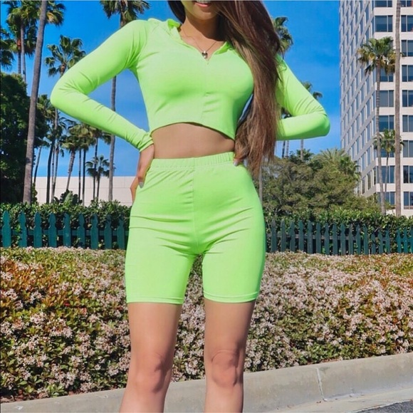 Pants - Neon green biker shorts and crop top set Pants - Neon green biker shorts and crop top set
